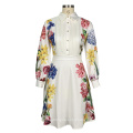 Costom  Spring Printed  Long Sleeve Dress White Dresses With Buttons For Women